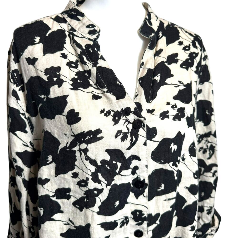 CAROLE LITTLE Women's XL Vintage 100% Linen Cream Black‎ Floral Button Up Shirt